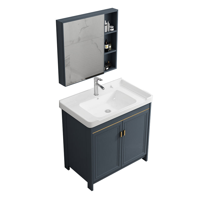 Freestanding Bath Vanity Blue Rectangle Mirror 2 Doors Bathroom Vanity with Single Sink