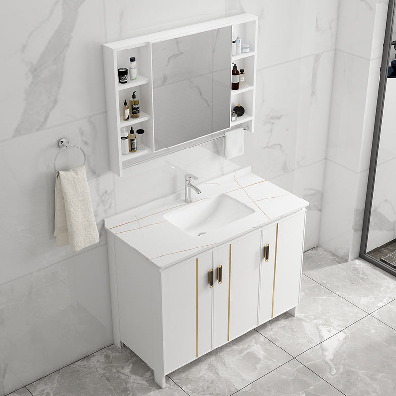 Single Sink Vanity Set White Mirror 2 Doors Freestanding Metal Frame Vanity