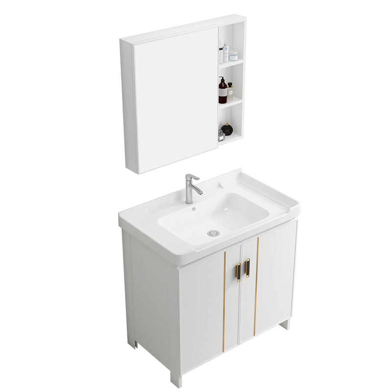 Single Sink Vanity Set White Mirror 2 Doors Freestanding Metal Frame Vanity