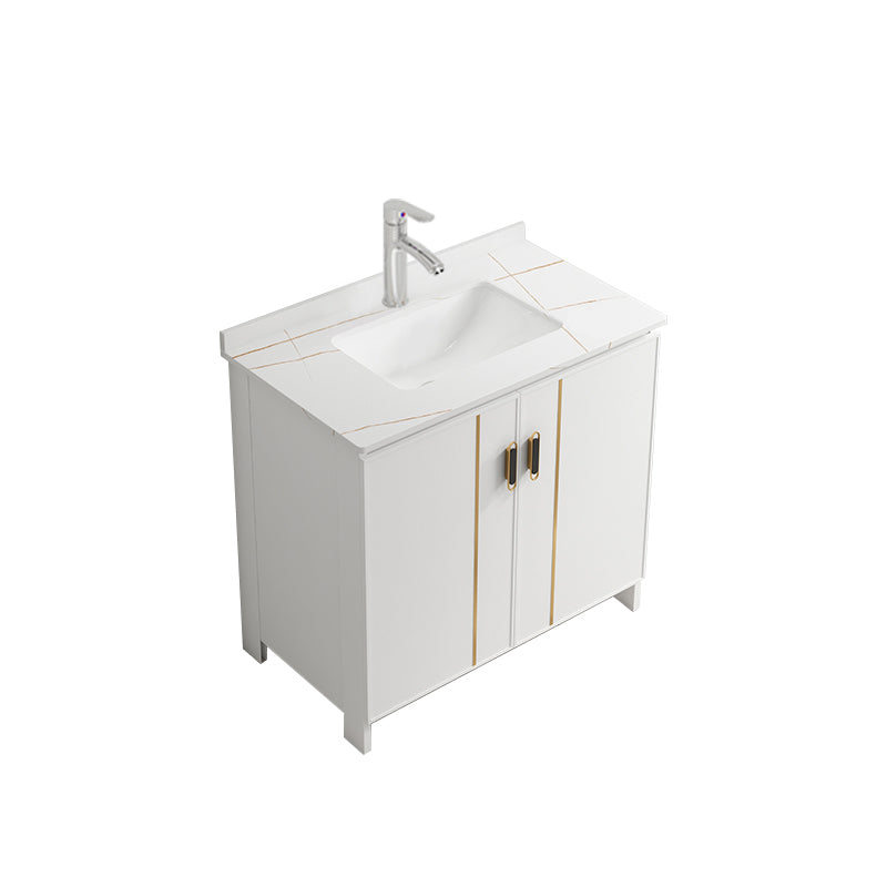 Single Sink Vanity Set White Mirror 2 Doors Freestanding Metal Frame Vanity