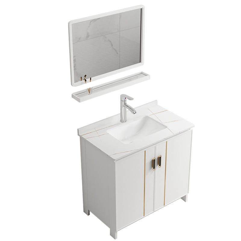 Single Sink Vanity Set White Mirror 2 Doors Freestanding Metal Frame Vanity