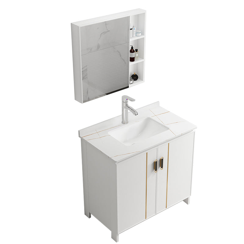 Single Sink Vanity Set White Mirror 2 Doors Freestanding Metal Frame Vanity