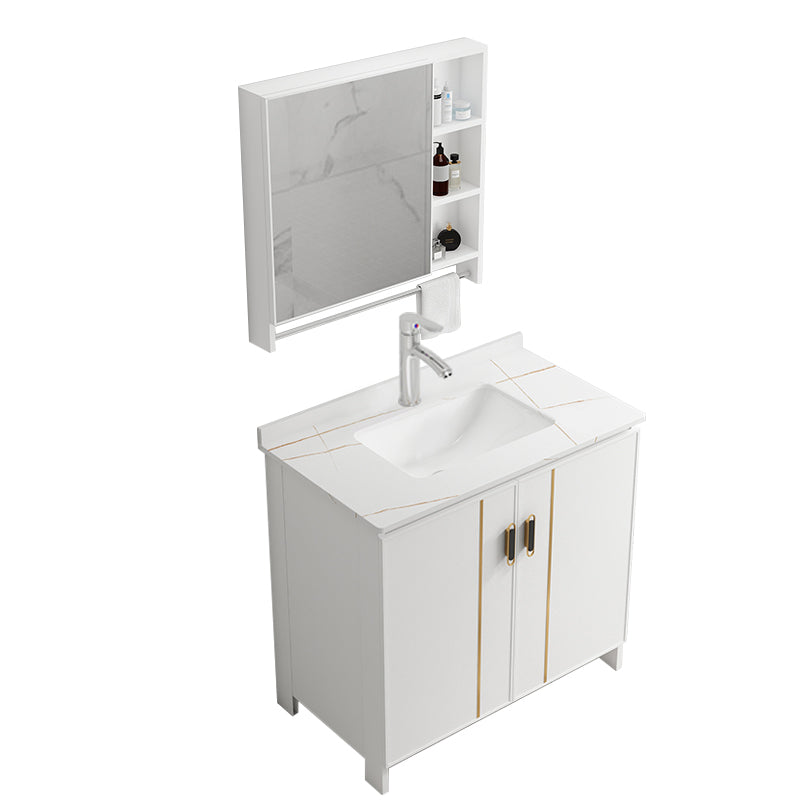 Single Sink Vanity Set White Mirror 2 Doors Freestanding Metal Frame Vanity