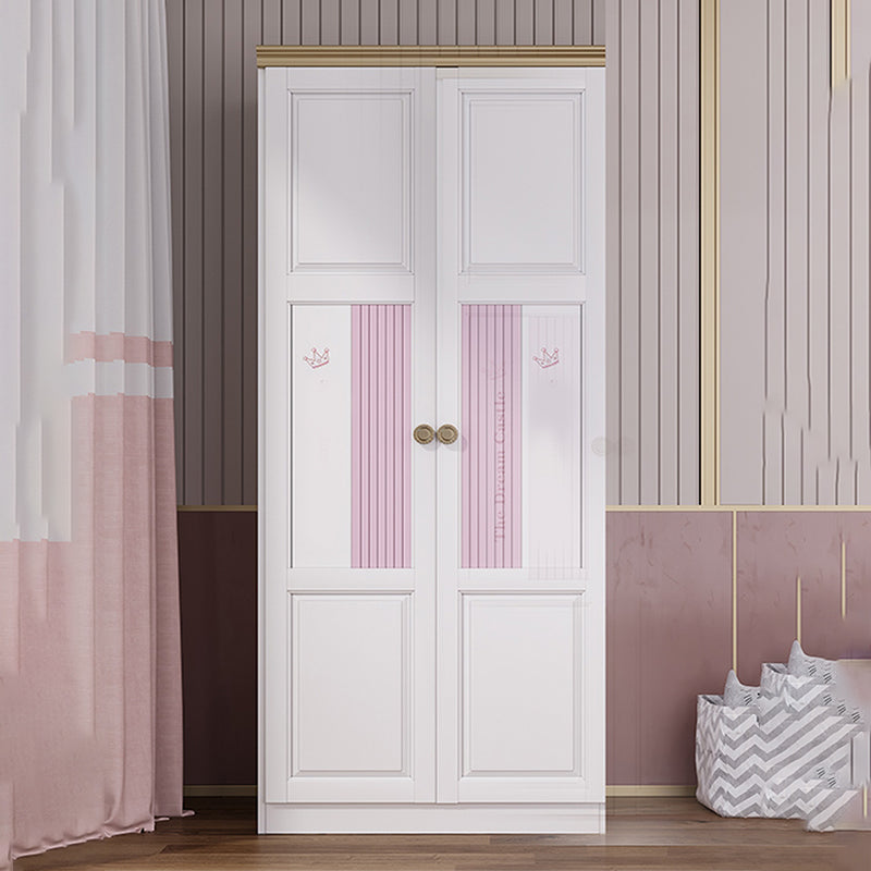 White and Pink Wardrobe Closet with Door Solid Wood Bedroom Armoire