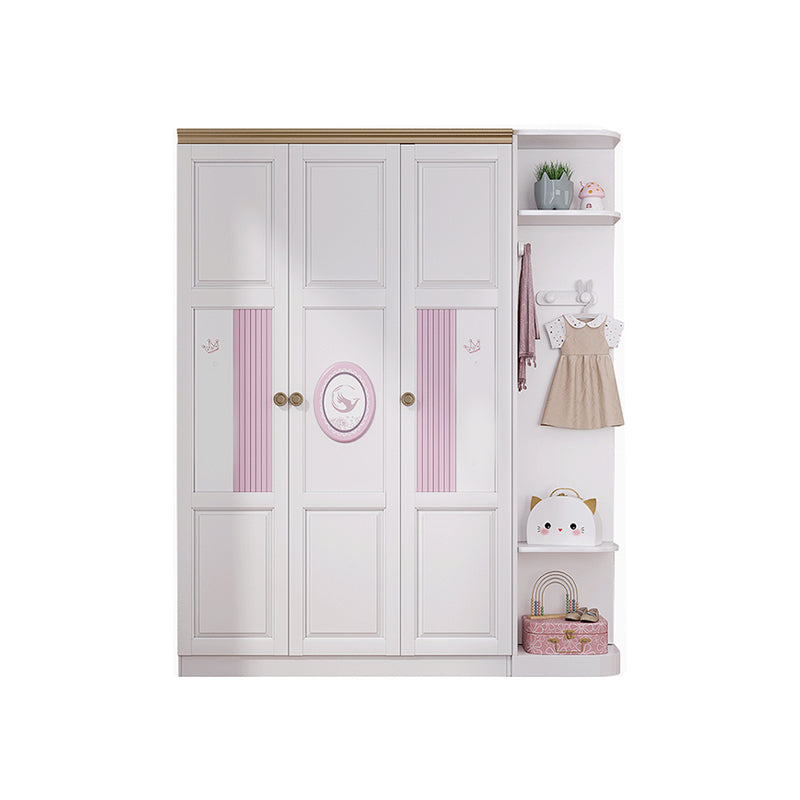 White and Pink Wardrobe Closet with Door Solid Wood Bedroom Armoire