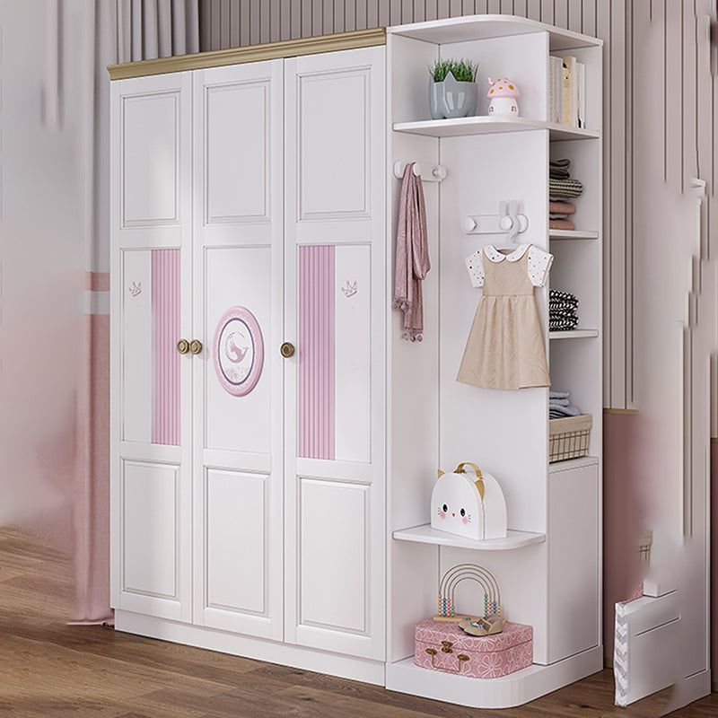 White and Pink Wardrobe Closet with Door Solid Wood Bedroom Armoire