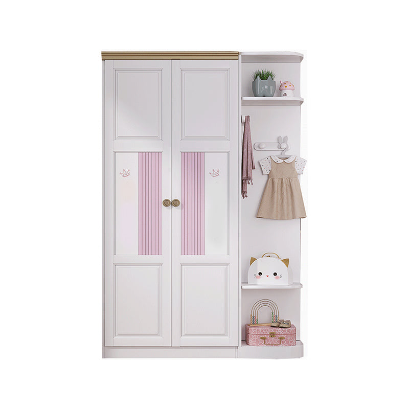 White and Pink Wardrobe Closet with Door Solid Wood Bedroom Armoire