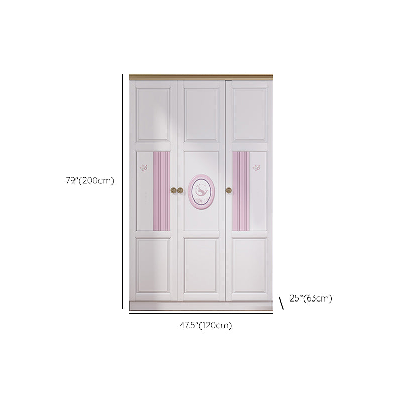 White and Pink Wardrobe Closet with Door Solid Wood Bedroom Armoire