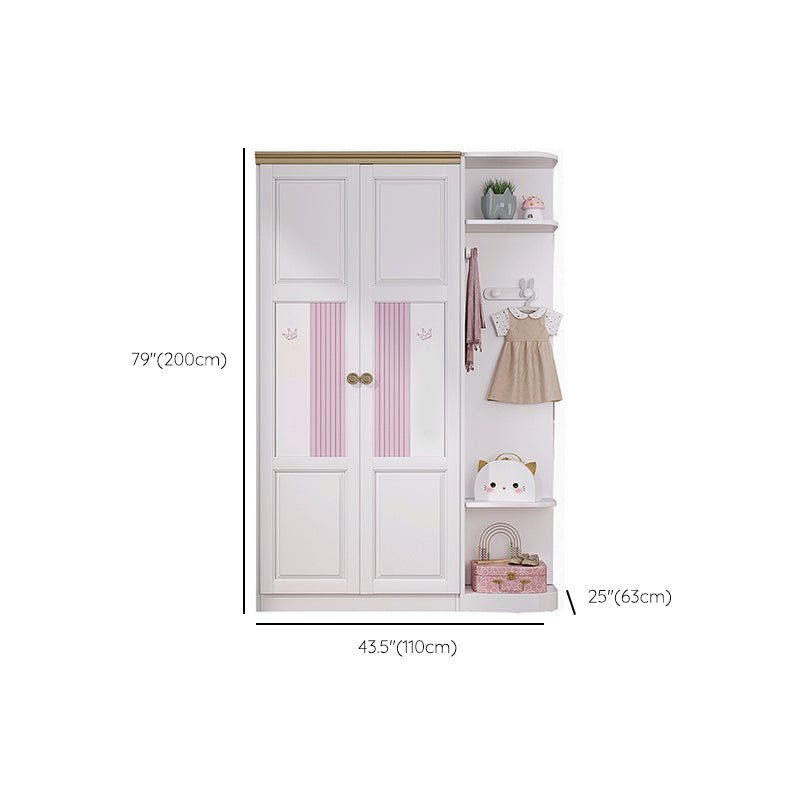 White and Pink Wardrobe Closet with Door Solid Wood Bedroom Armoire