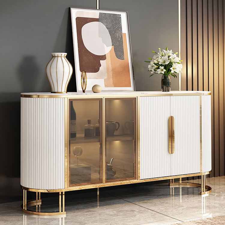 Glam Credenza Stone Glass Doors Side Board with Cabinets and Drawers