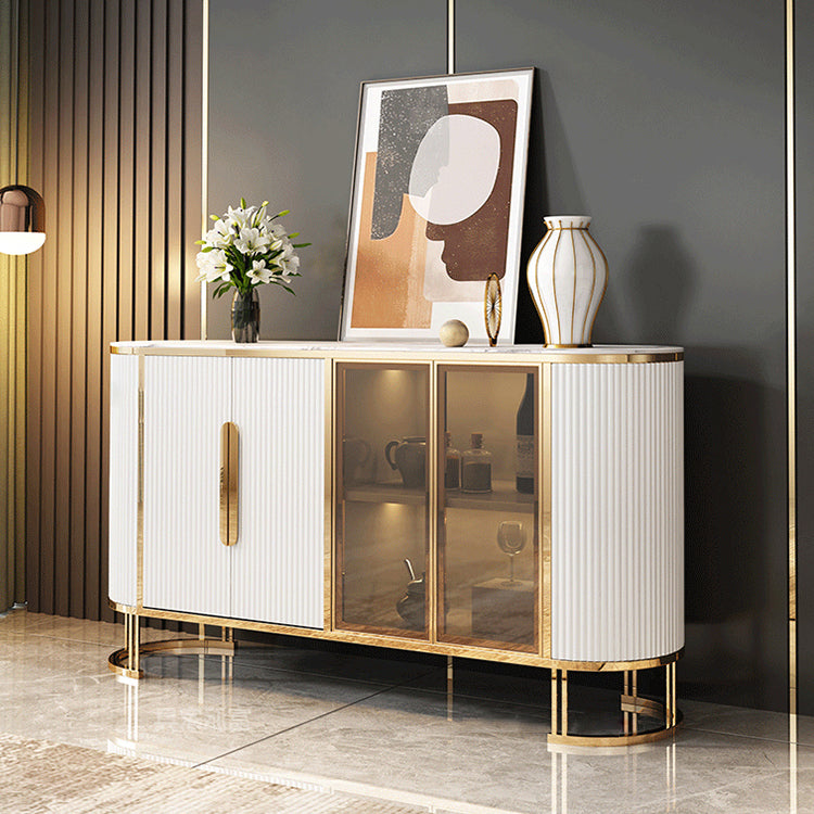 Glam Credenza Stone Glass Doors Side Board with Cabinets and Drawers