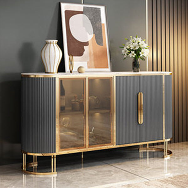 Glam Credenza Stone Glass Doors Side Board with Cabinets and Drawers