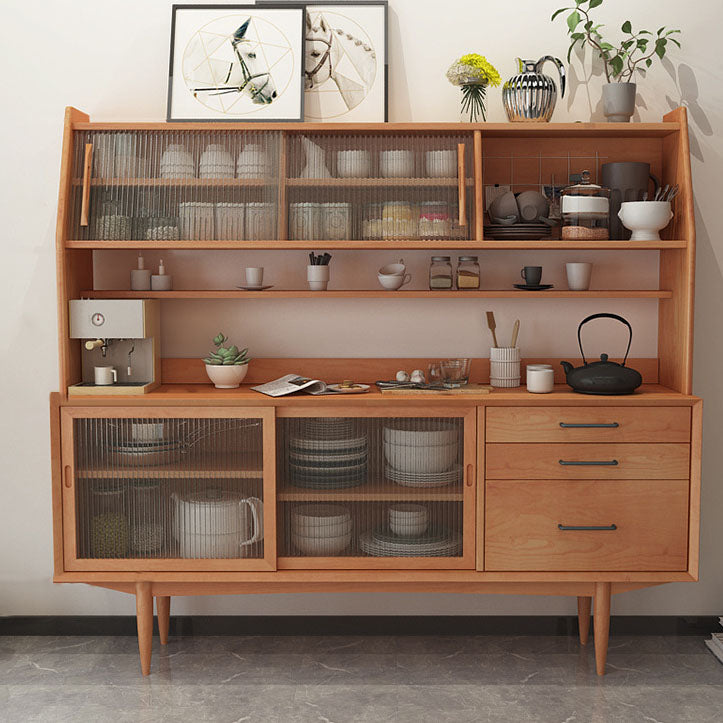 Modern Glass Doors Dining Hutch Pine Storage Cabinet for Dining Room