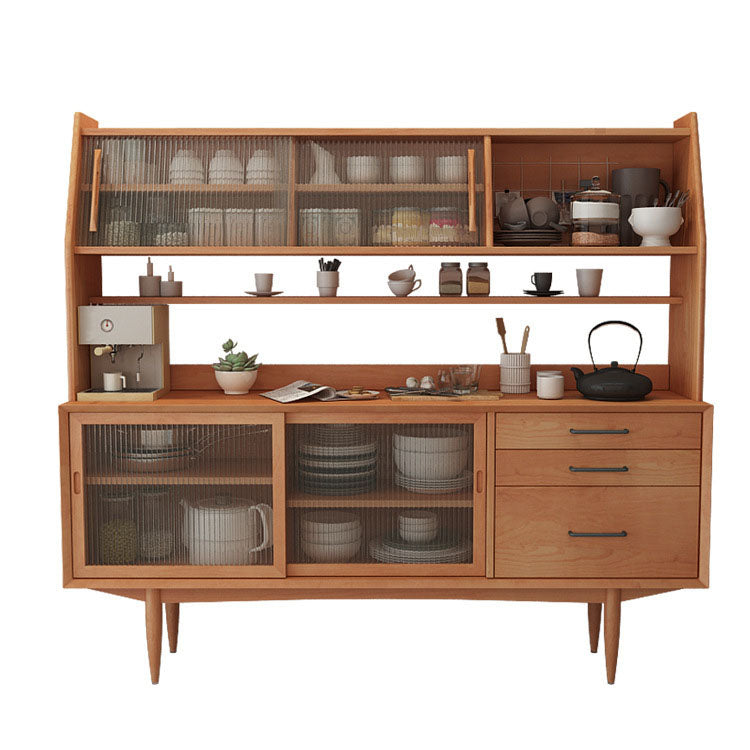 Modern Glass Doors Dining Hutch Pine Storage Cabinet for Dining Room