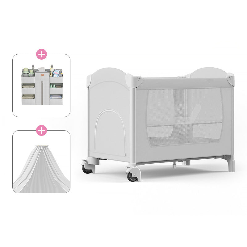 Plastic & Metal Crib with Casters 2-in-1 Folding Crib in White/Gray with Storage