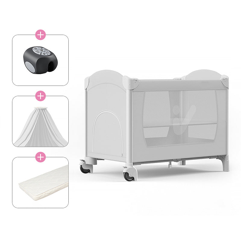 Plastic & Metal Crib with Casters 2-in-1 Folding Crib in White/Gray with Storage