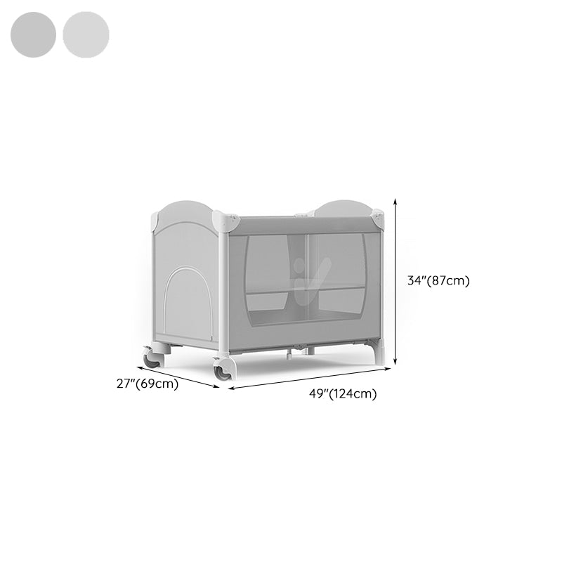 Plastic & Metal Crib with Casters 2-in-1 Folding Crib in White/Gray with Storage