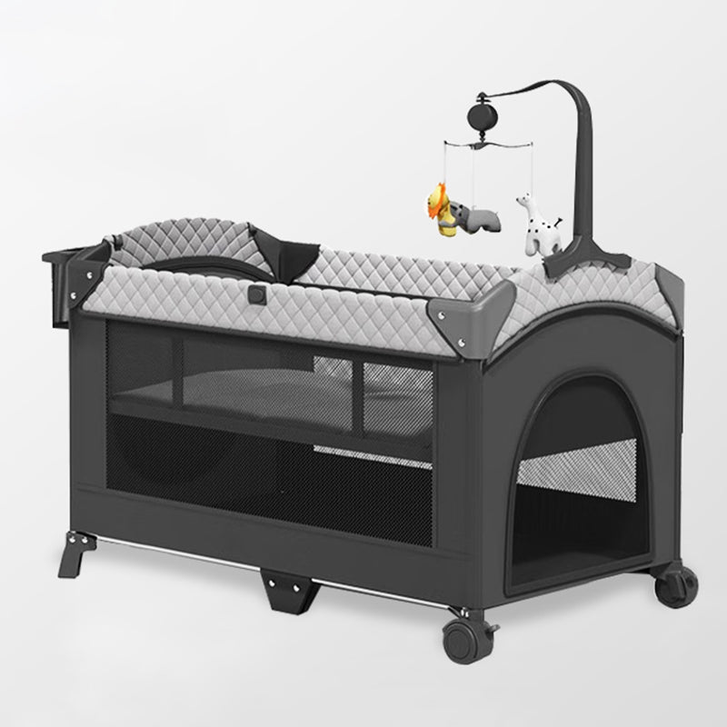 4-in-1 Folding Crib in Black and Gray Mattress Included Crib with Storage and Casters