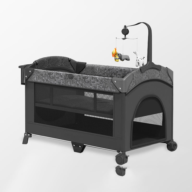 4-in-1 Folding Crib in Black and Gray Mattress Included Crib with Storage and Casters