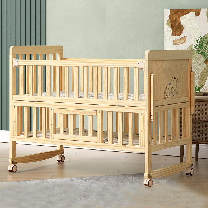 Modern Convertible Crib in Natural Solid Wood Nursery Bed with Storage