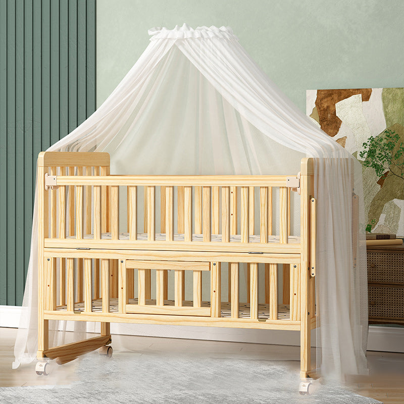 Modern Convertible Crib in Natural Solid Wood Nursery Bed with Storage