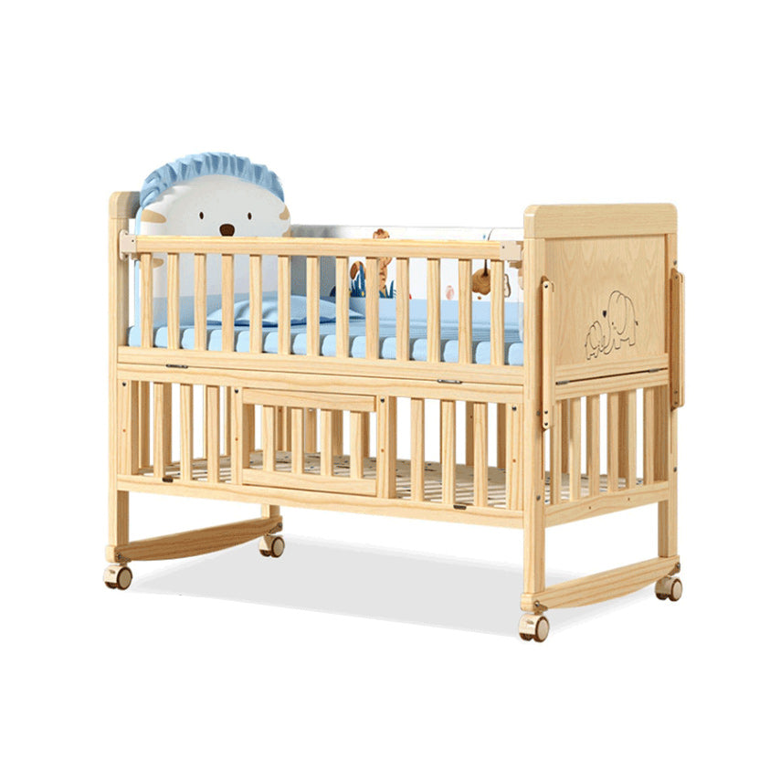 Modern Convertible Crib in Natural Solid Wood Nursery Bed with Storage