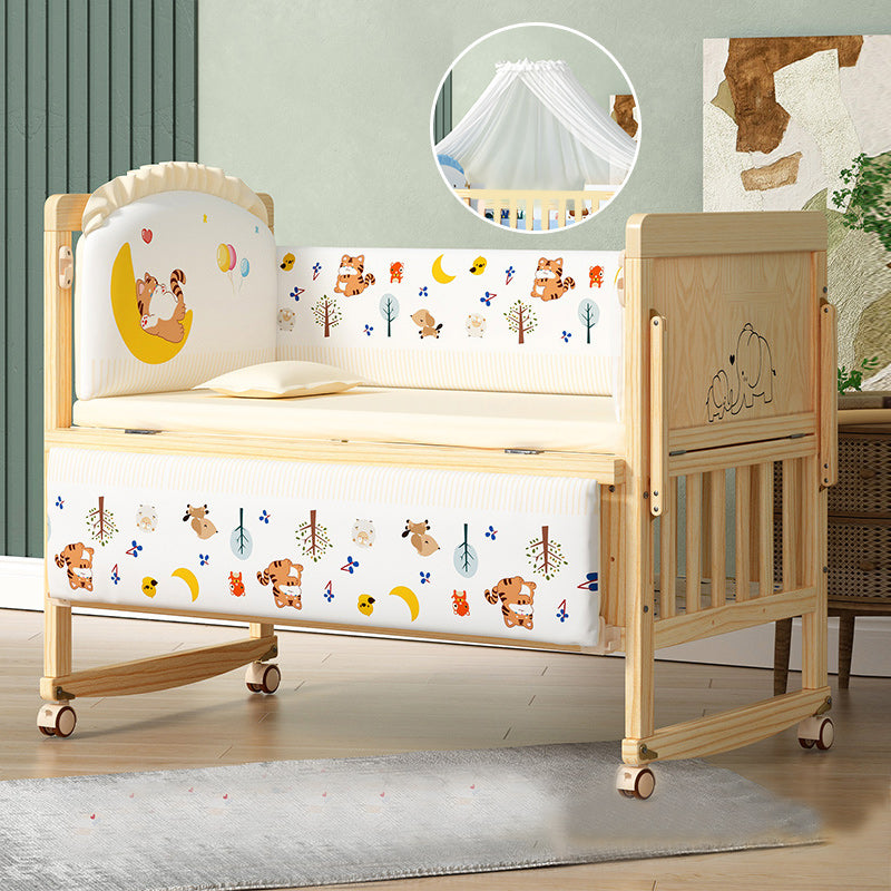 Modern Convertible Crib in Natural Solid Wood Nursery Bed with Storage