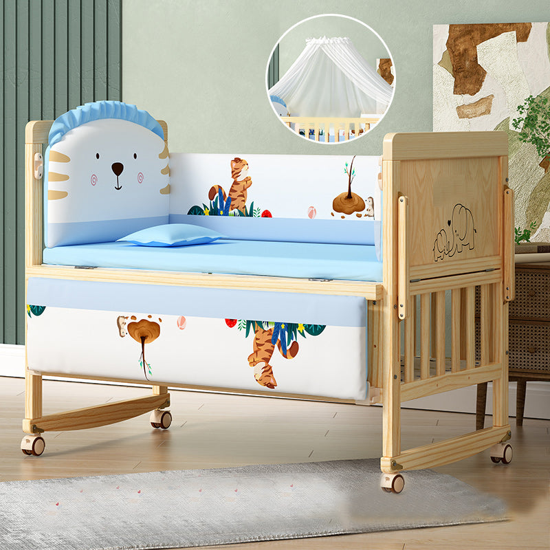 Modern Convertible Crib in Natural Solid Wood Nursery Bed with Storage