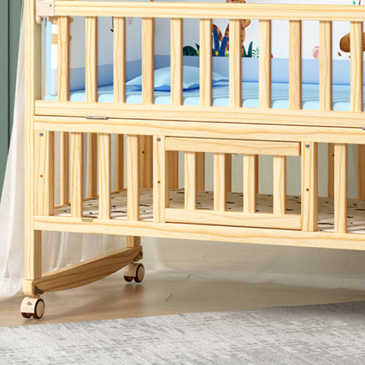 Modern Convertible Crib in Natural Solid Wood Nursery Bed with Storage