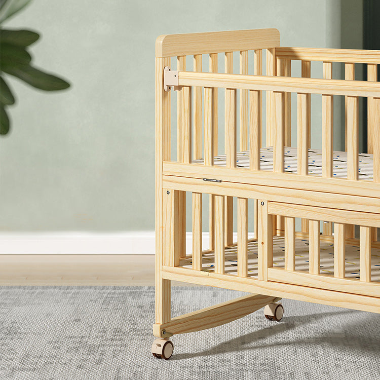 Modern Convertible Crib in Natural Solid Wood Nursery Bed with Storage