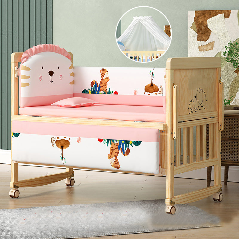 Modern Convertible Crib in Natural Solid Wood Nursery Bed with Storage