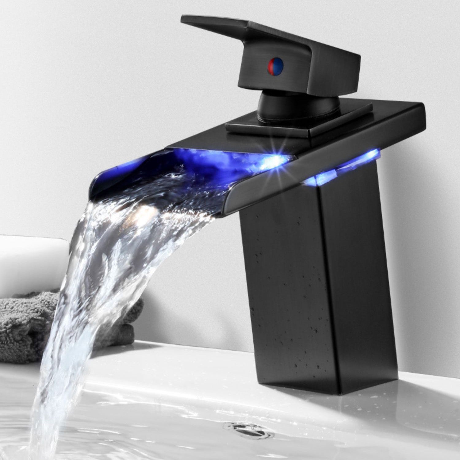 Vanity Sink Faucet Waterfall Spout Single Handle Faucet with LED Light