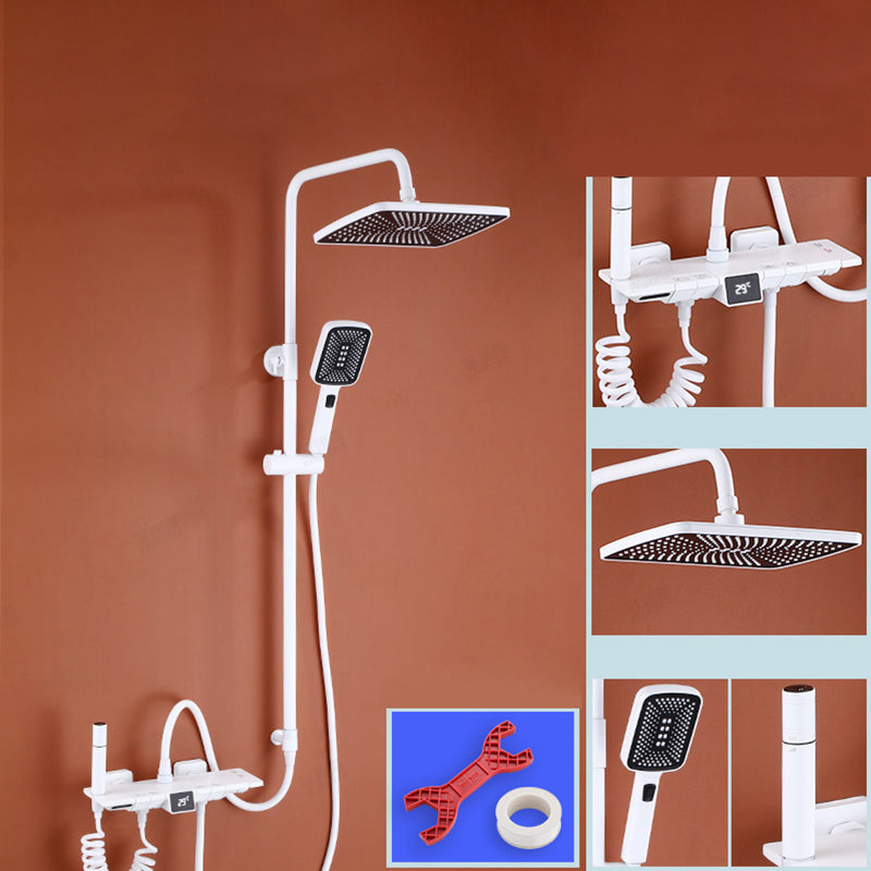 White Shower System Adjustable Spray Pattern Shower Arm Square Wall Mount Shower System