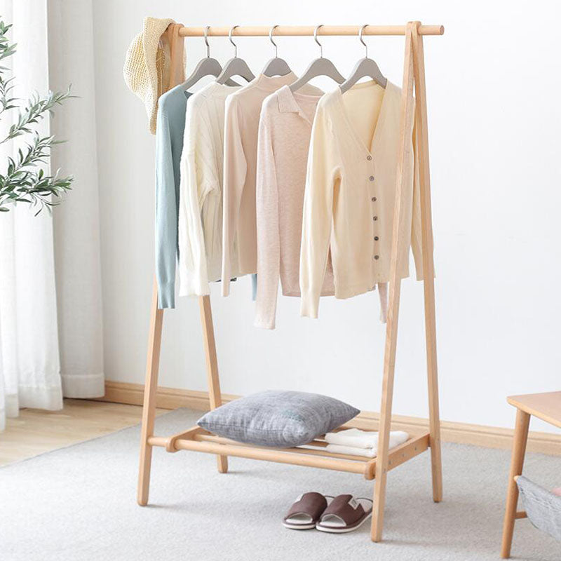 Classic Clothes Hanger Solid Wood Free Standing Coat Rack with Storage Shelving