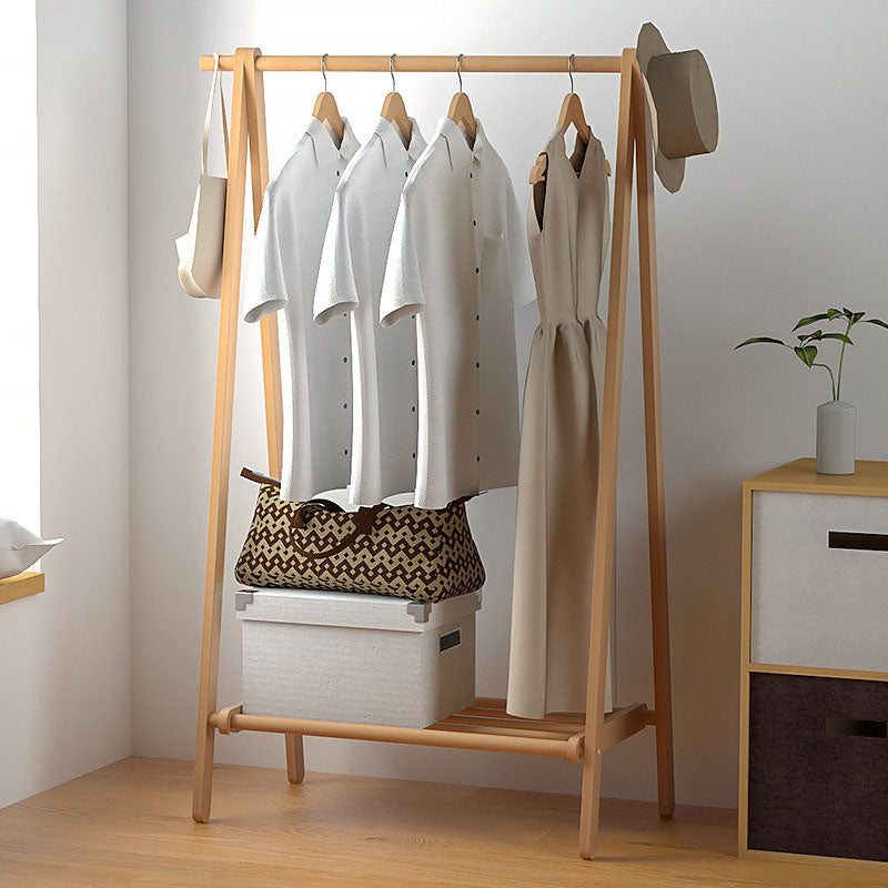 Classic Clothes Hanger Solid Wood Free Standing Coat Rack with Storage Shelving