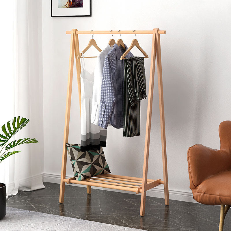 Classic Clothes Hanger Solid Wood Free Standing Coat Rack with Storage Shelving