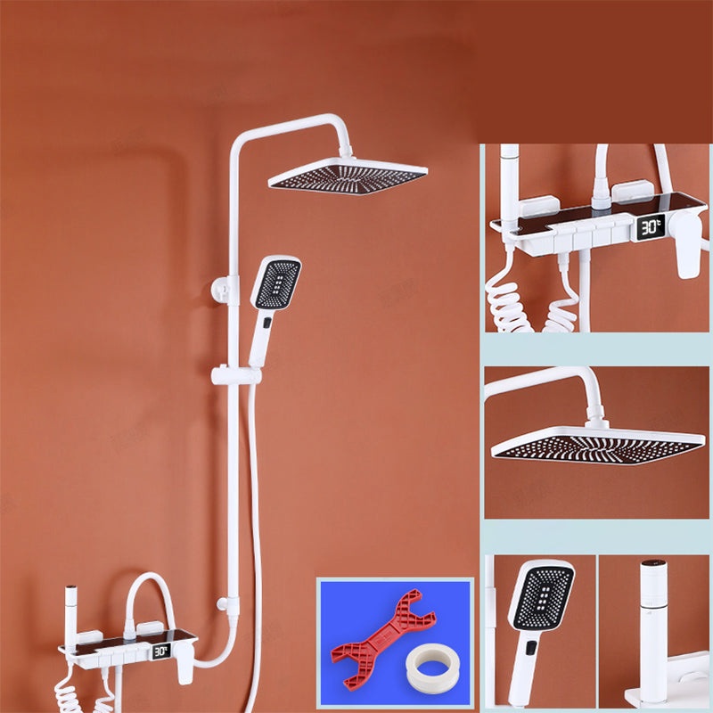 White Shower System Adjustable Spray Pattern Shower Arm Square Wall Mount Shower System