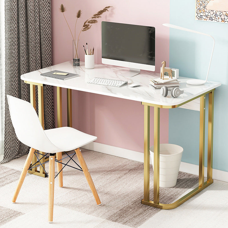 Glam Stone Rectangle Writing Desk 28.35" Tall White Office Desk with Gold Legs