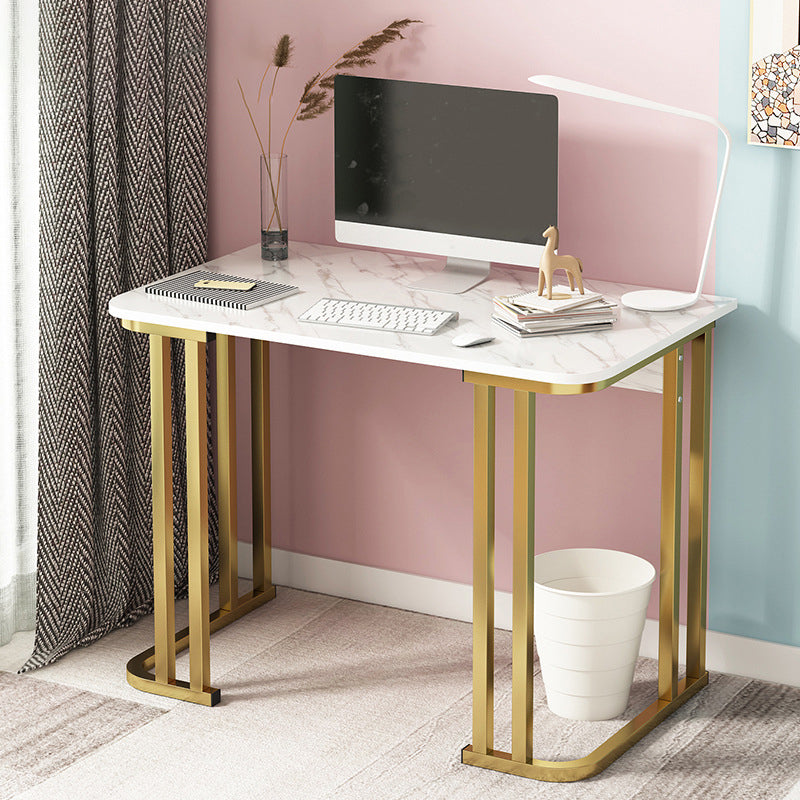 Glam Stone Rectangle Writing Desk 28.35" Tall White Office Desk with Gold Legs