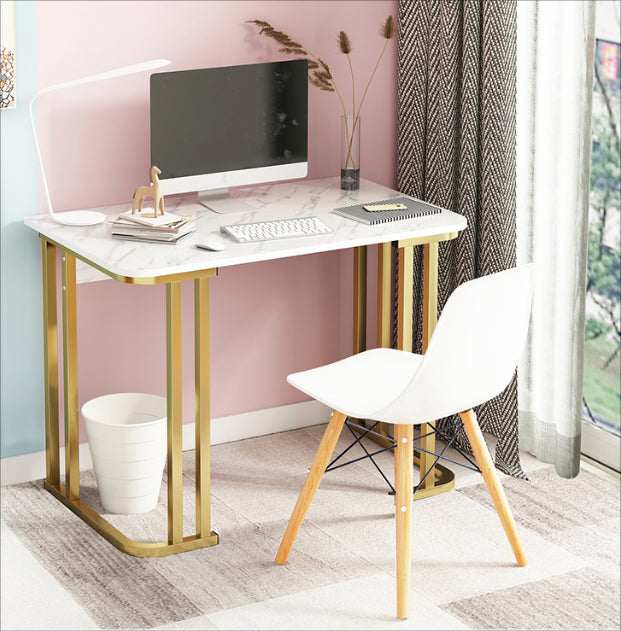 Glam Stone Rectangle Writing Desk 28.35" Tall White Office Desk with Gold Legs