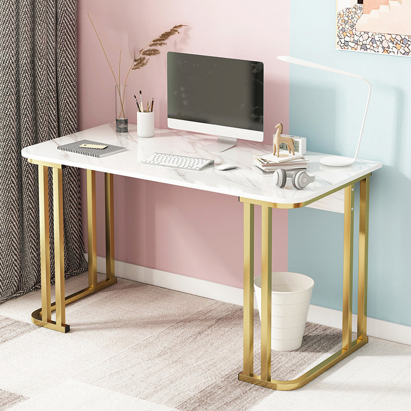 Glam Stone Rectangle Writing Desk 28.35" Tall White Office Desk with Gold Legs