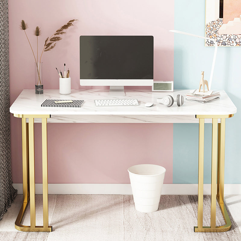 Glam Stone Rectangle Writing Desk 28.35" Tall White Office Desk with Gold Legs