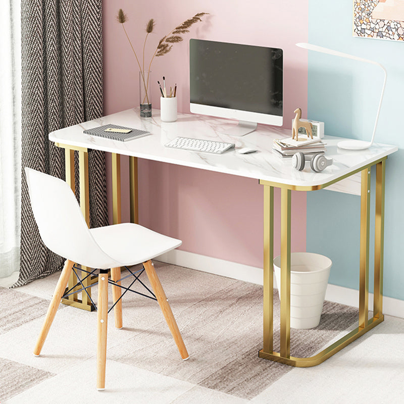 Glam Stone Rectangle Writing Desk 28.35" Tall White Office Desk with Gold Legs