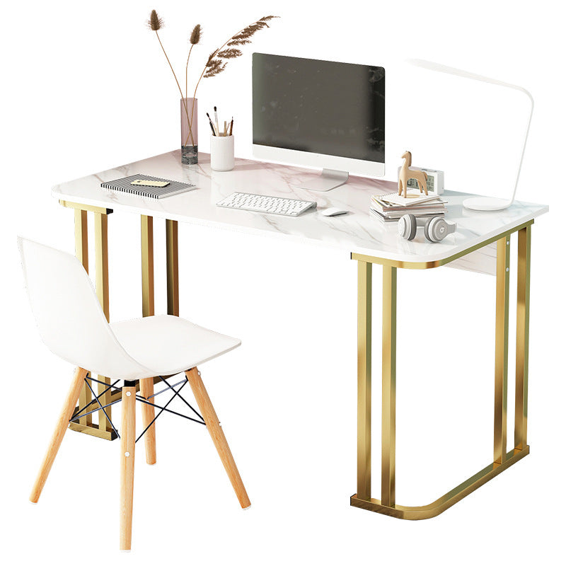 Glam Stone Rectangle Writing Desk 28.35" Tall White Office Desk with Gold Legs