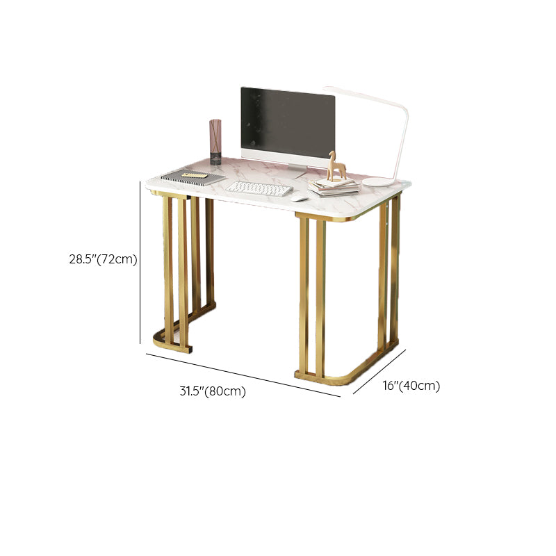 Glam Stone Rectangle Writing Desk 28.35" Tall White Office Desk with Gold Legs