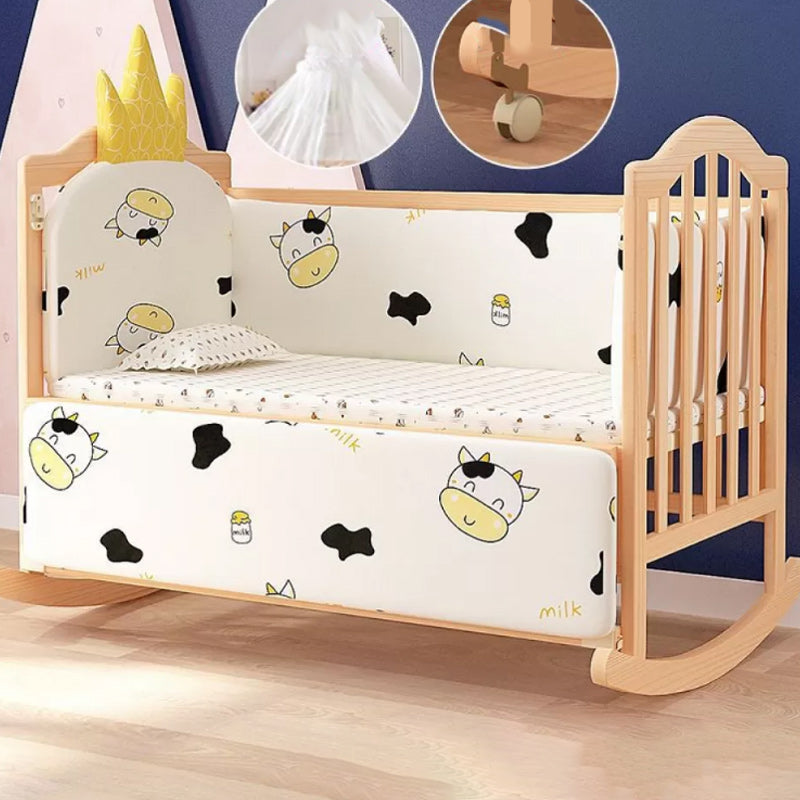 2-in-1 Wooden Crib with Casters Natural Mini Crib with Guardrail and Mattress