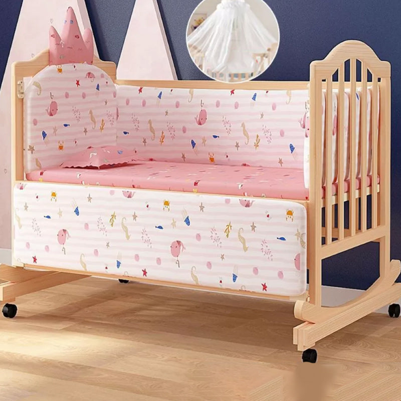 2-in-1 Wooden Crib with Casters Natural Mini Crib with Guardrail and Mattress