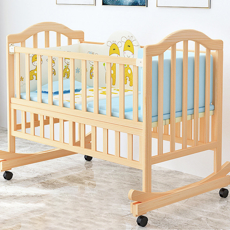 2-in-1 Wooden Crib with Casters Natural Mini Crib with Guardrail and Mattress