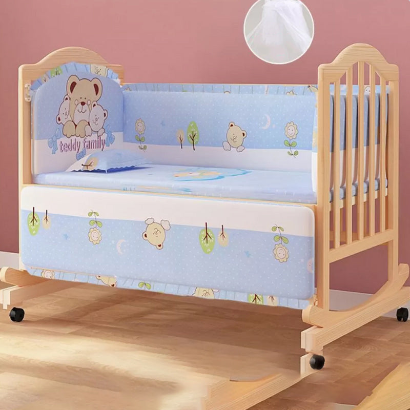 2-in-1 Wooden Crib with Casters Natural Mini Crib with Guardrail and Mattress