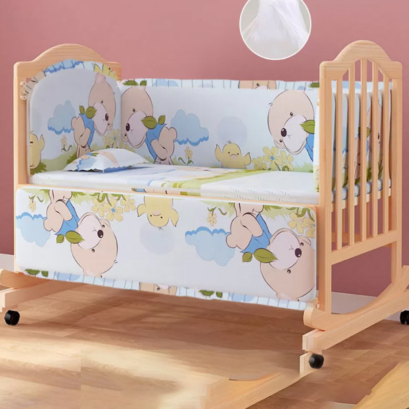 2-in-1 Wooden Crib with Casters Natural Mini Crib with Guardrail and Mattress